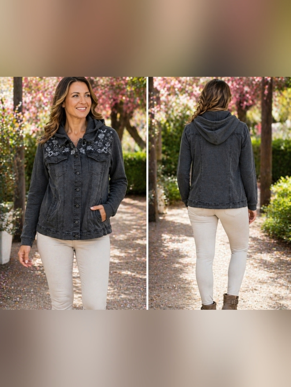logo lori goldstein denim knit jacket hooded floral embroidered gray m